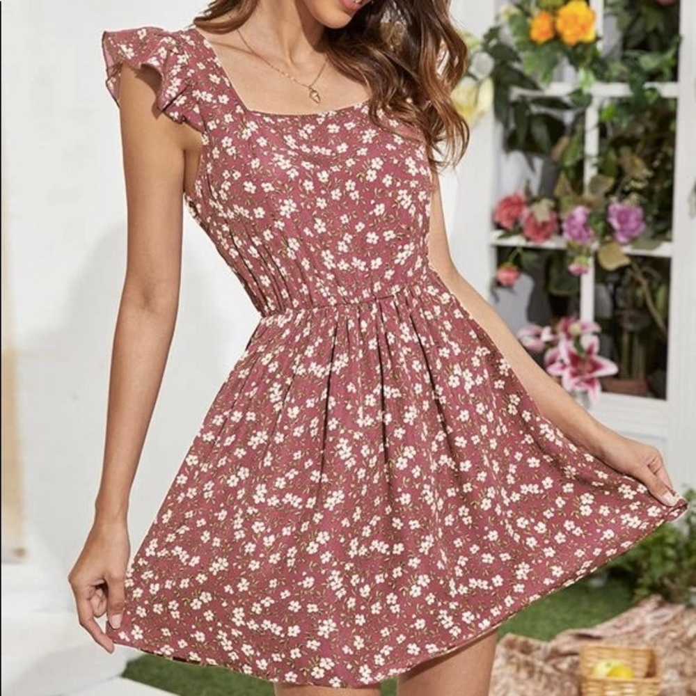 Square Neck Ruffle Floral Print Dress SHEIN